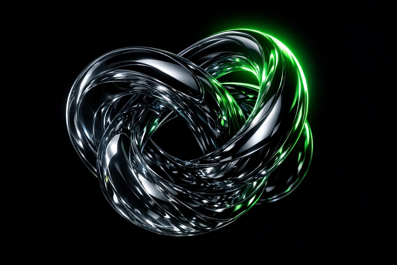 Abstract glass and chrome form knotted around itself, lit by a single emerald rim light