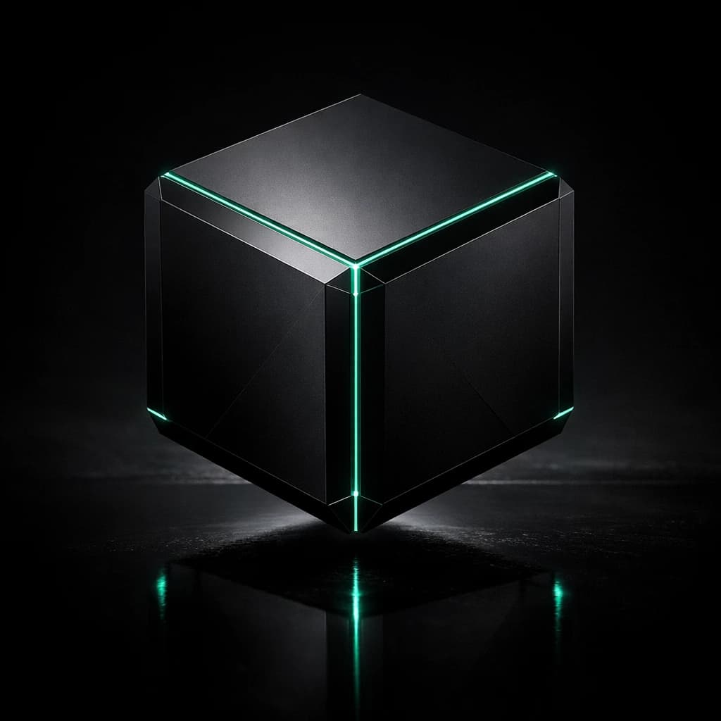 Matte black faceted cube sealed on every face, lit only along its emerald edge seams